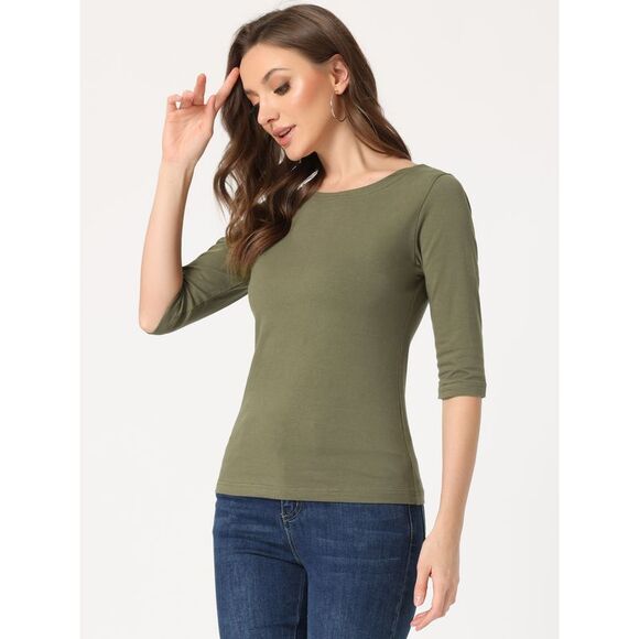 Elbow Sleeves Round Neck Slim Fit Tee Olive Green - Picture 3 of 5